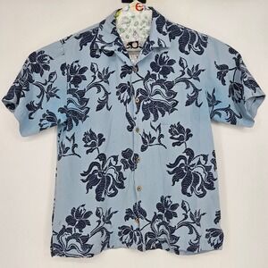 Tommy Bahama Shirt Mens Medium Silk Blue Floral Camp Hawaiian Button Up AOP